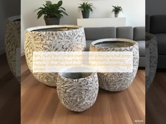 Planteur de ciment en fibre ronde gris avec un motif de conception de feuilles monstera léger durable à faible entretien pot de fleurs vacances Villa décoration de bureau Projet d'aménagement paysager de jardins sur le toit