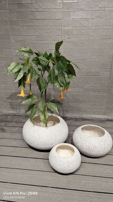 Neutre beige pierre naturelle tachetée -imiter la conception ronde planteuse en fibre d'argile terreuse esthétique légère durable à faible entretien pot de fleurs vacances Villa décoration de bureau projet d'aménagement paysager de jardin